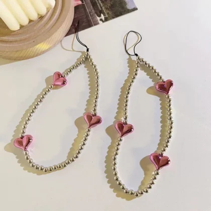 สายคล้องโทรศัพท์มือถือ ลายหัวใจ สีชมพูกุหลาบน่ารัก สําหรับเด็กผู้หญิง